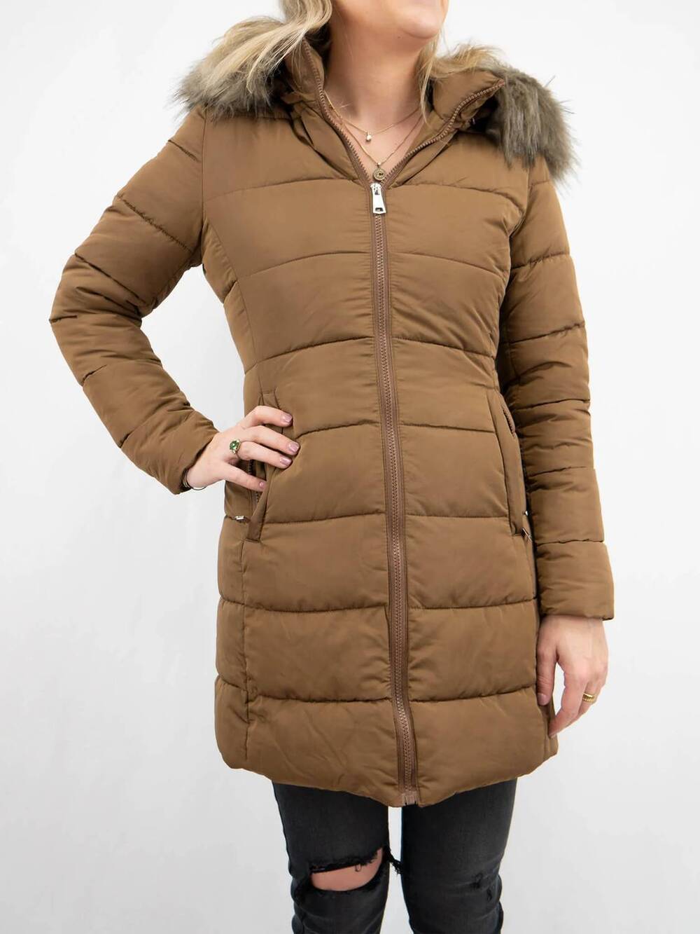 NEW COALITION LA long sleeve puffer coat in brown